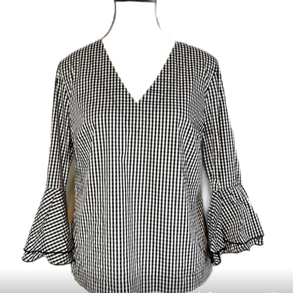 White House Black Market Black and White Gingham V-Neck Blouse